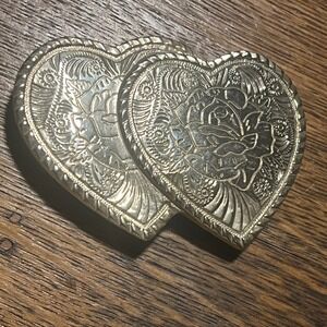 Vintage Silver Tone Double Heart Rose Floral Engraved Western Belt Buckle